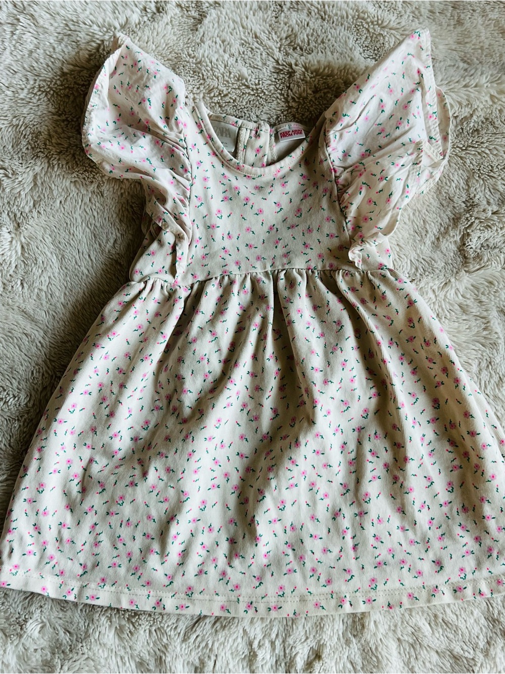 Zara Cream Dress with Pink Floral Print and Flutter Sleeves